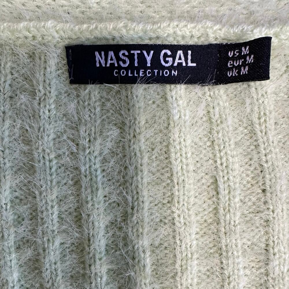 Nasty Gal Fuzzy Knit Cropped Cardigan Lime Green Ribbed Button Front Sweater M - Picture 5 of 7